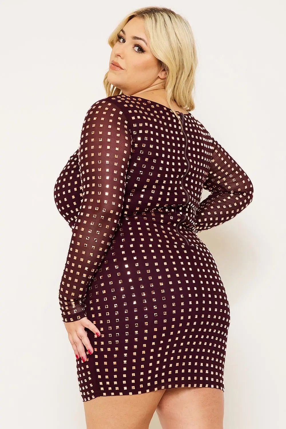 Plus Size Mini Dress - Square Neck Rhinestone Party Dress BOUTINIE