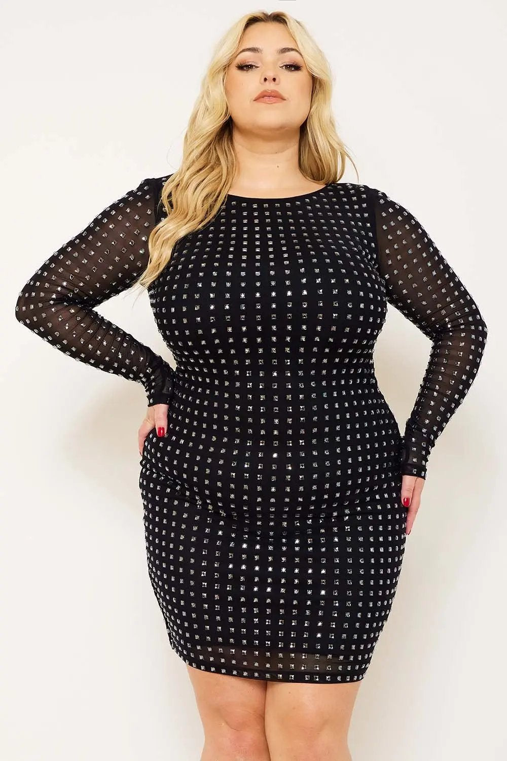 Plus Size Mini Dress - Square Neck Rhinestone Party Dress BOUTINIE