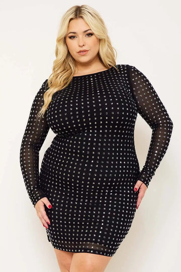 Plus Size Mini Dress - Square Neck Rhinestone Party Dress BOUTINIE