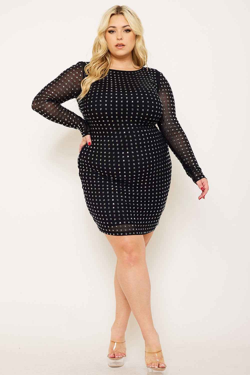Square Rhinestone Long Sleeve Plus Size Mini Dress