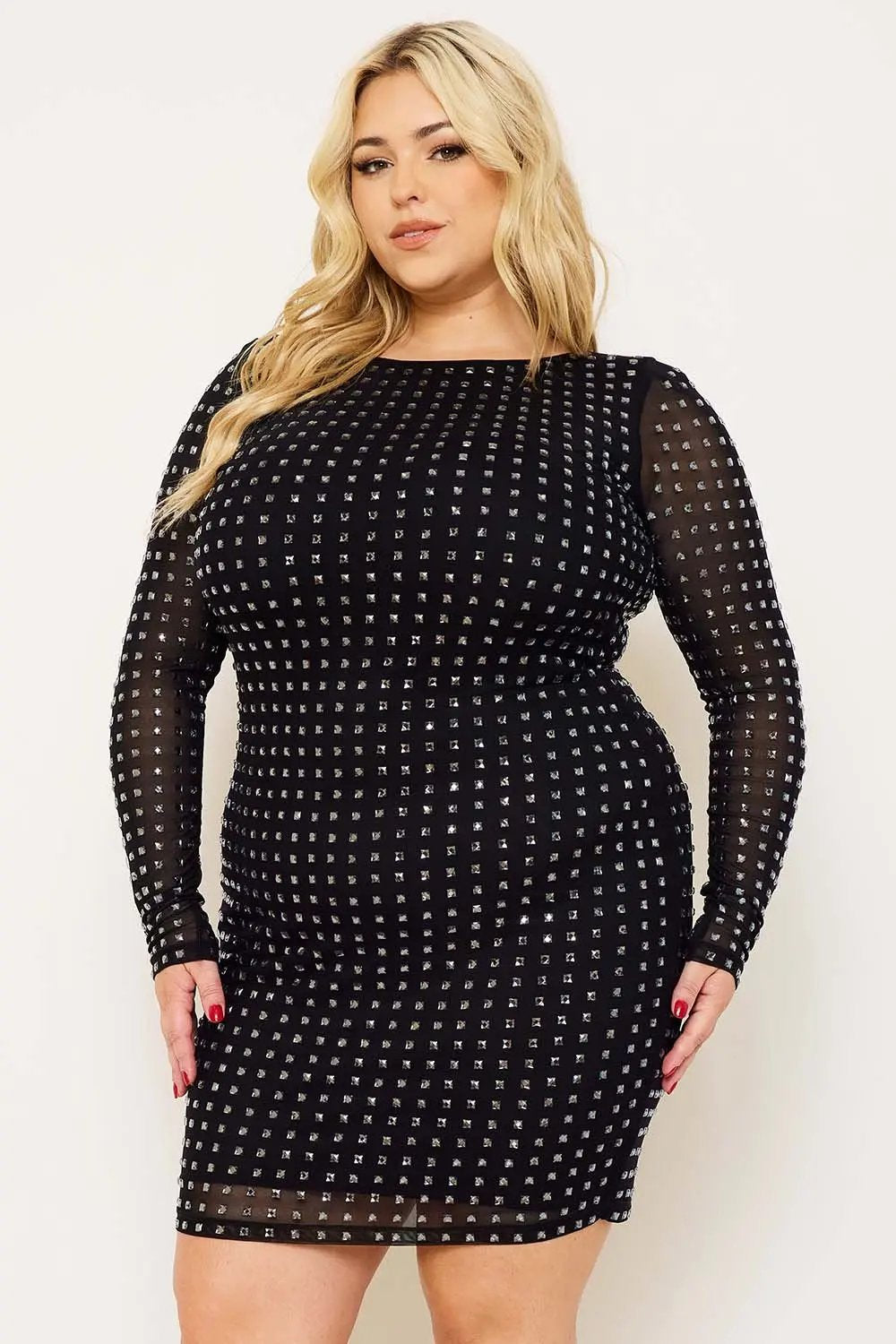 Plus Size Mini Dress - Square Neck Rhinestone Party Dress BOUTINIE