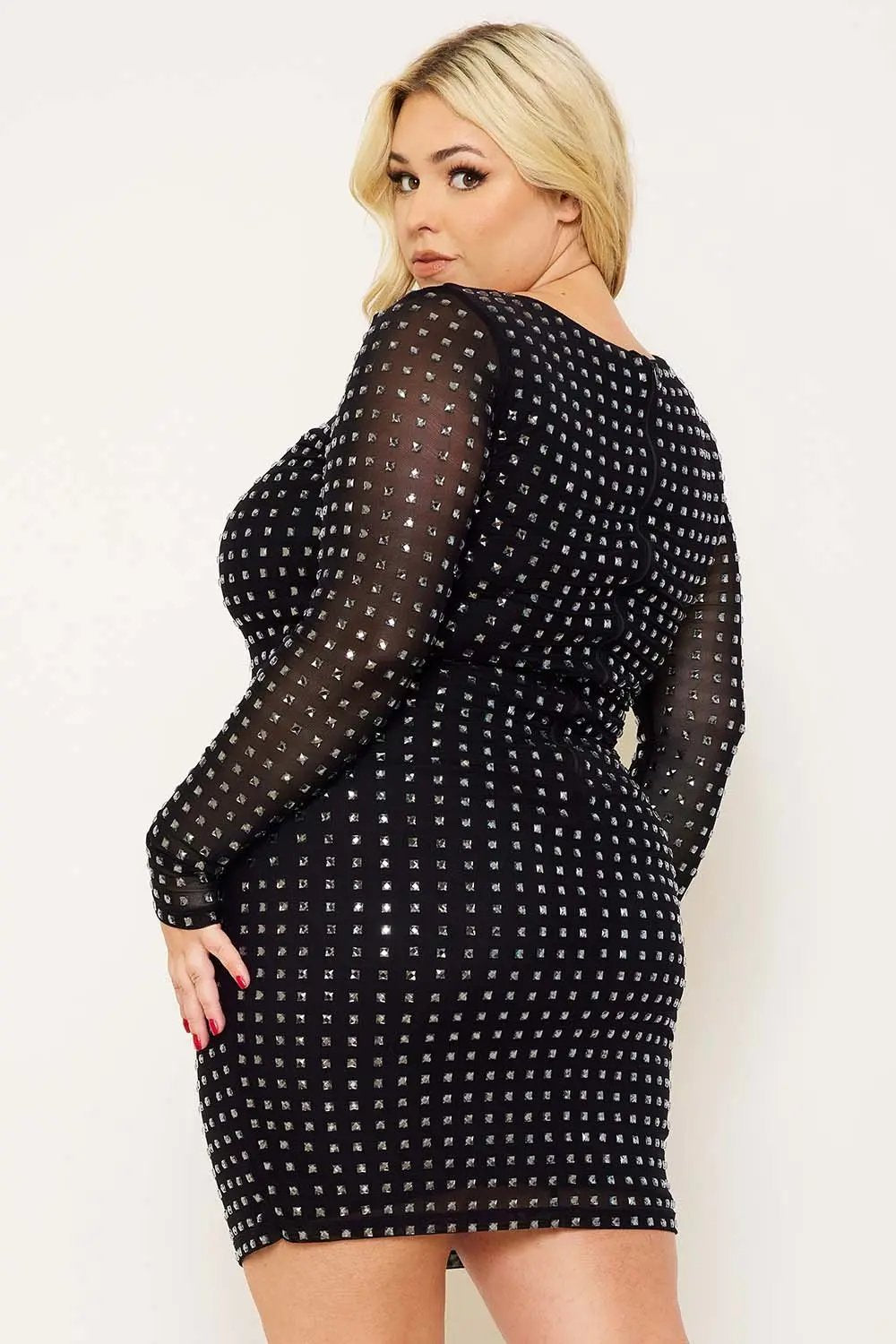 Plus Size Mini Dress - Square Neck Rhinestone Party Dress BOUTINIE