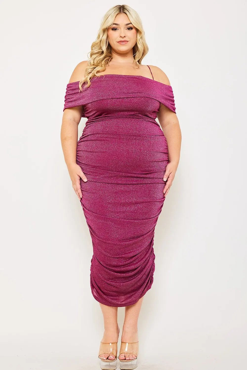 Plus Size Midi Dress – Glitter Open Shoulder With Adjustable Strap BOUTINIE
