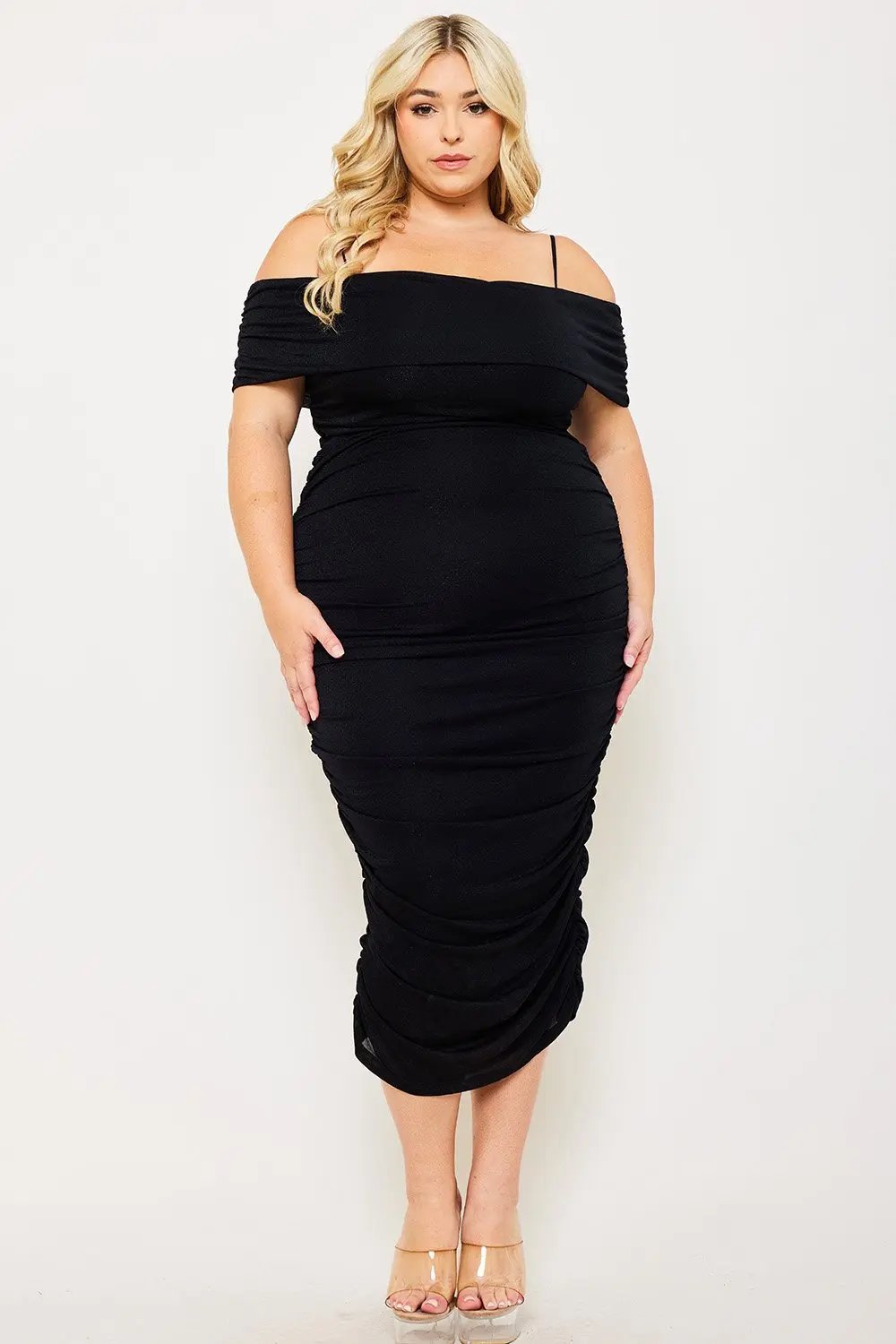 Plus Size Midi Dress – Glitter Open Shoulder With Adjustable Strap BOUTINIE