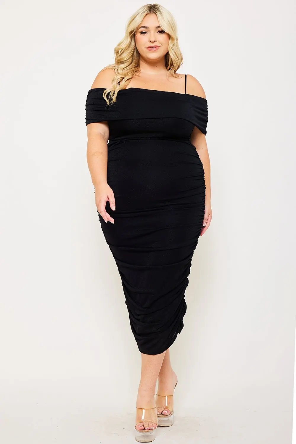 Plus Size Midi Dress – Glitter Open Shoulder With Adjustable Strap BOUTINIE