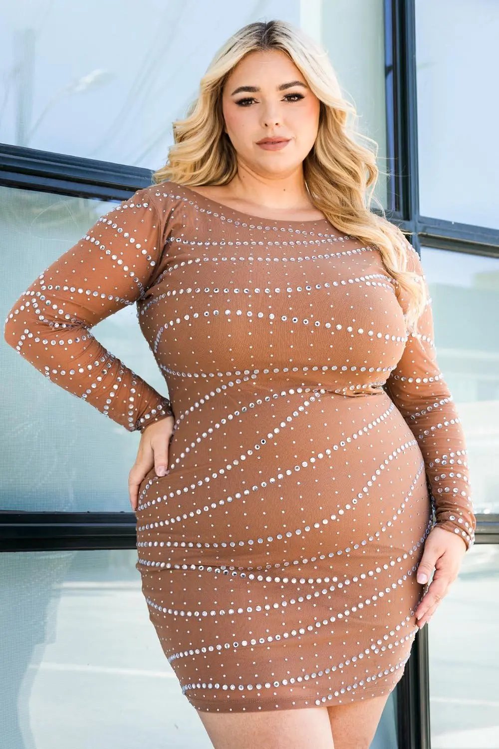 Plus Size Mini Dress - Rhinestone Mesh Slip-On Party Dress BOUTINIE