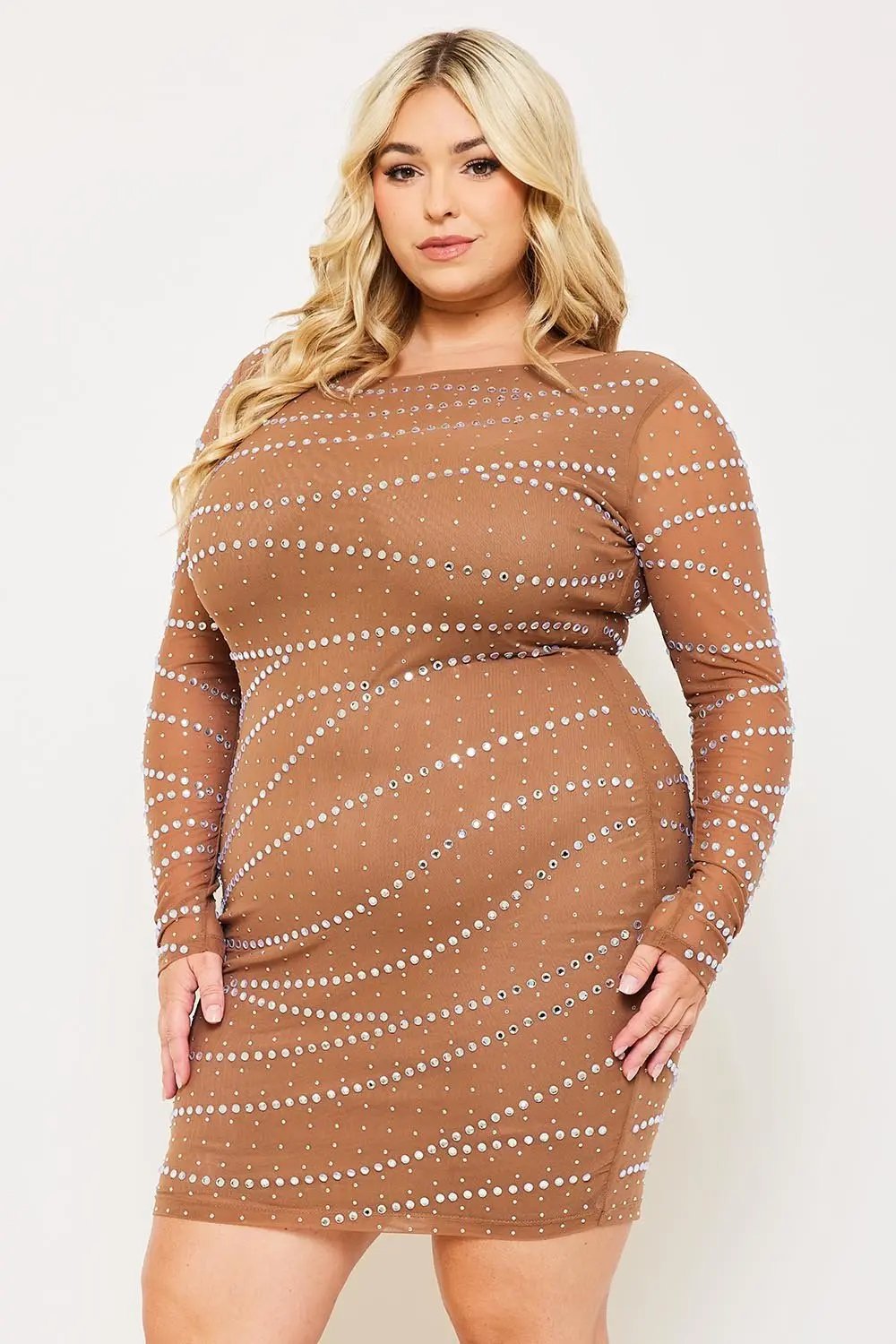 Plus Size Mini Dress - Rhinestone Mesh Slip-On Party Dress BOUTINIE