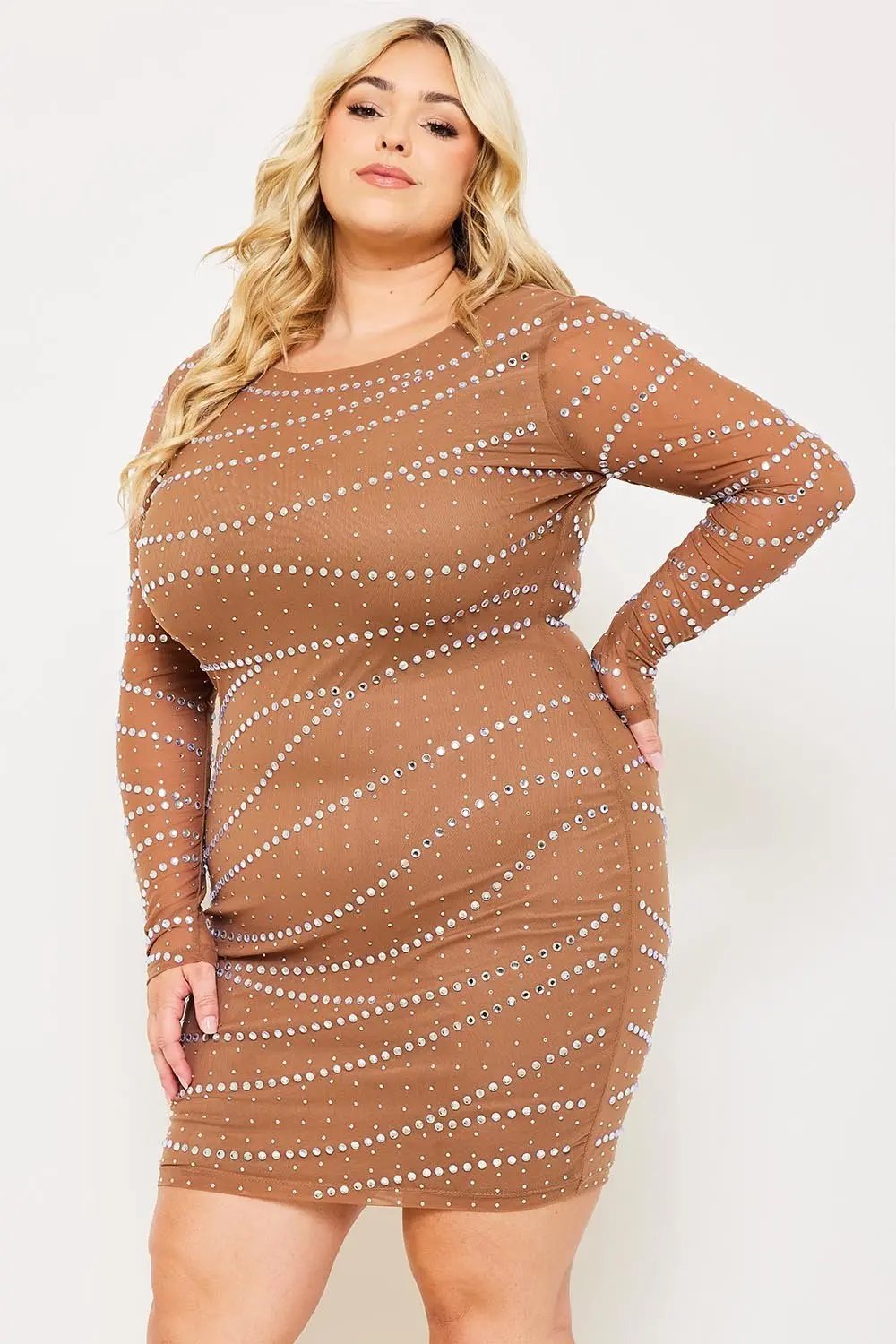 Plus Size Mini Dress - Rhinestone Mesh Slip-On Party Dress BOUTINIE
