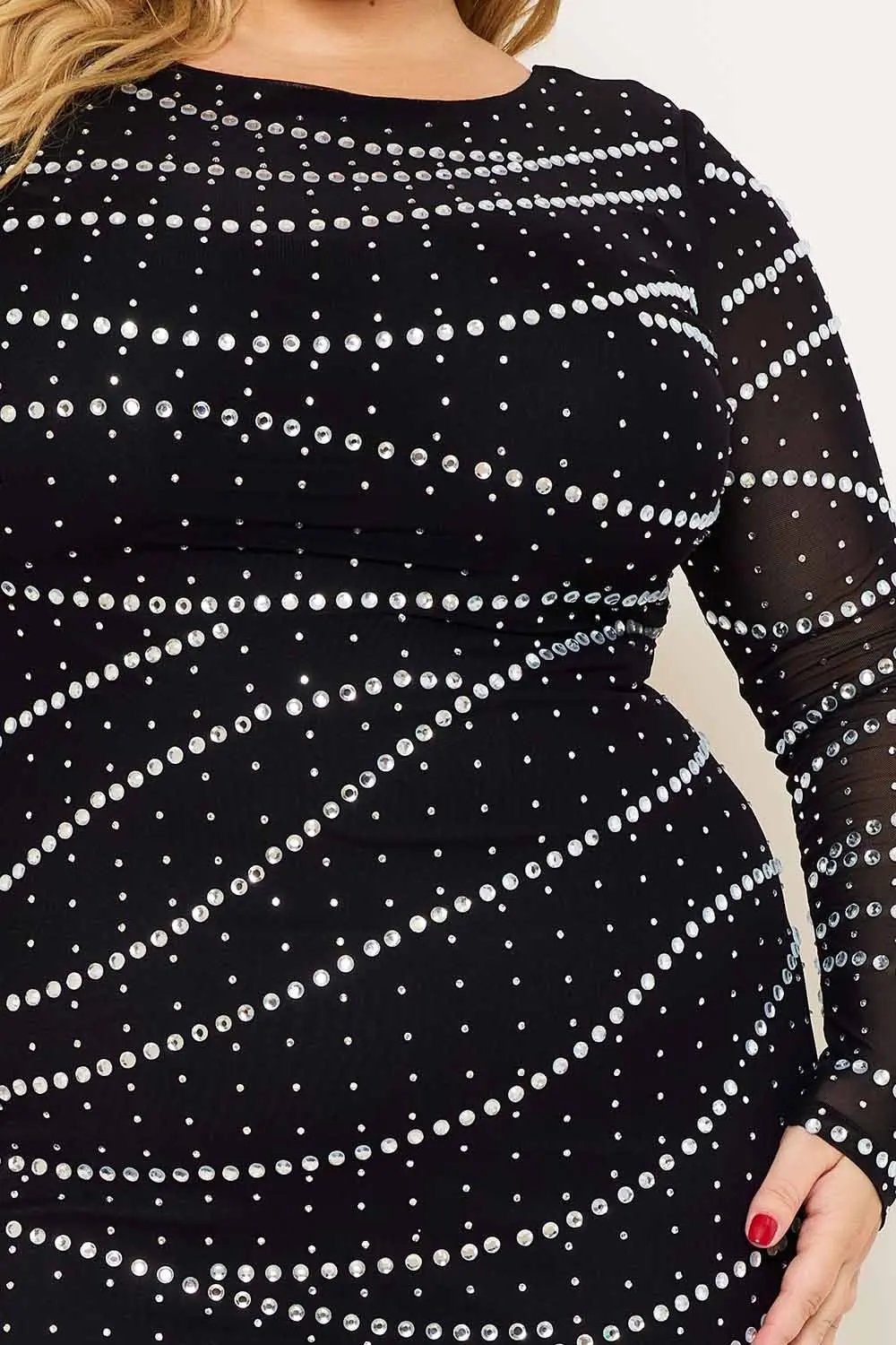 Plus Size Mini Dress - Rhinestone Mesh Slip-On Party Dress BOUTINIE