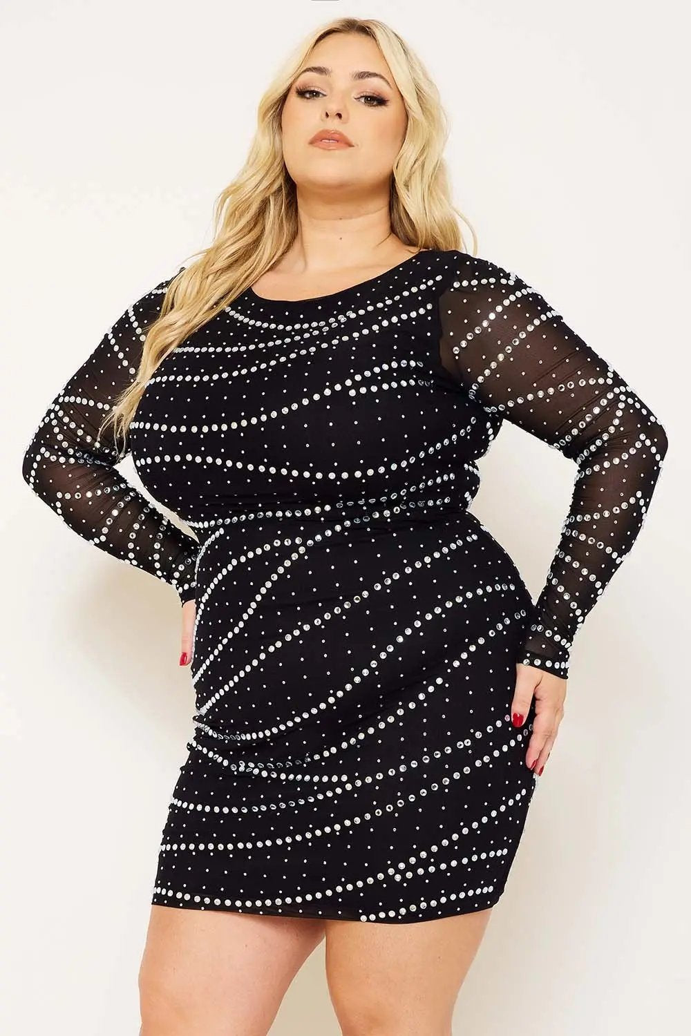 Plus Size Mini Dress - Rhinestone Mesh Slip-On Party Dress BOUTINIE