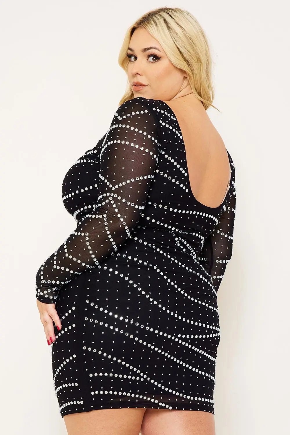 Plus Size Mini Dress - Rhinestone Mesh Slip-On Party Dress BOUTINIE