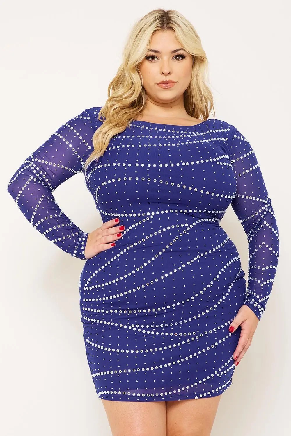 Plus Size Mini Dress - Rhinestone Mesh Slip-On Party Dress BOUTINIE