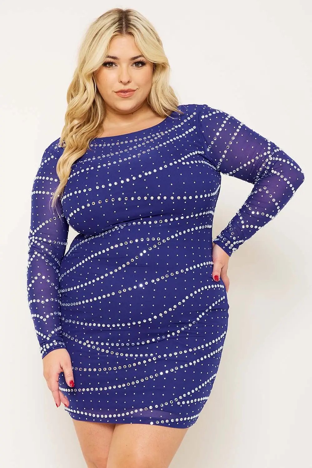 Plus Size Mini Dress - Rhinestone Mesh Slip-On Party Dress BOUTINIE