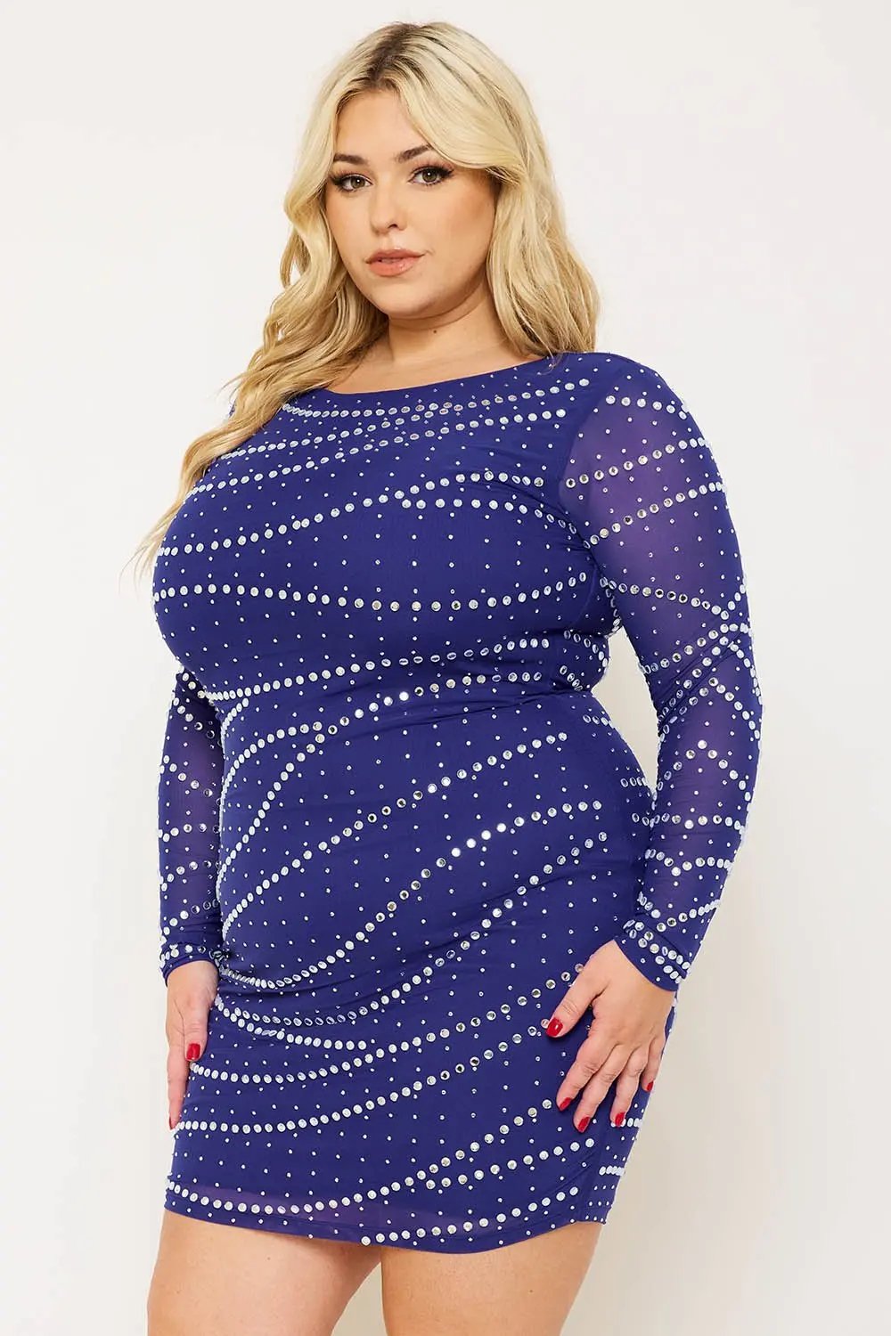Plus Size Mini Dress - Rhinestone Mesh Slip-On Party Dress BOUTINIE