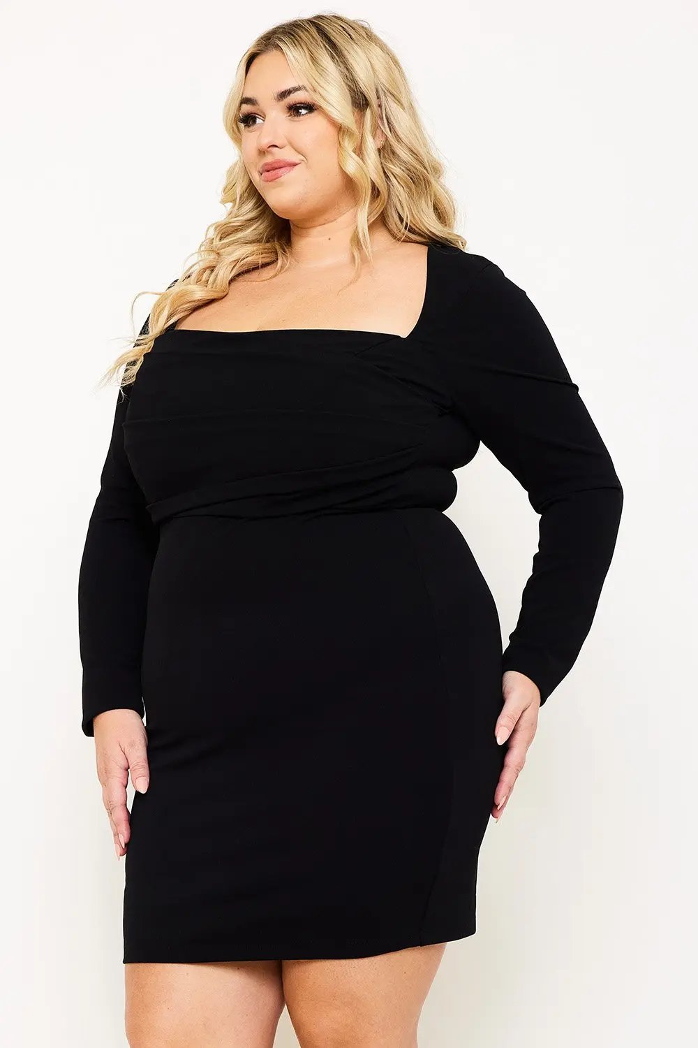 Plus Size Mini Dress - Square Neck, Wired Waist, Pleated Front Detail BOUTINIE