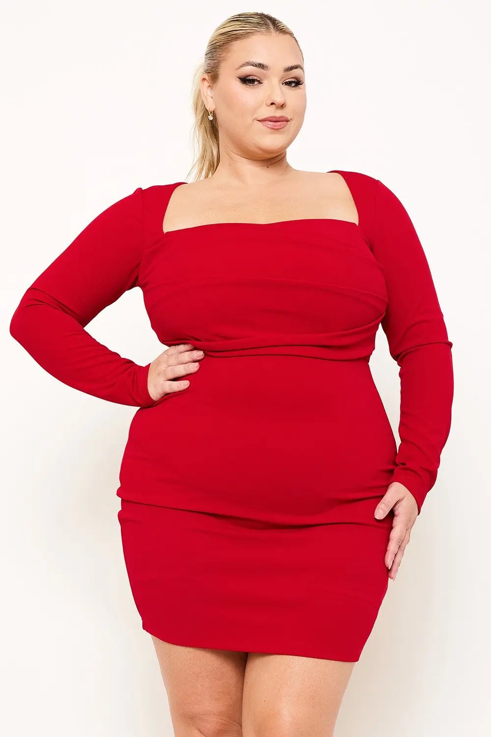 Plus Size Mini Dress - Square Neck, Wired Waist, Pleated Front Detail BOUTINIE
