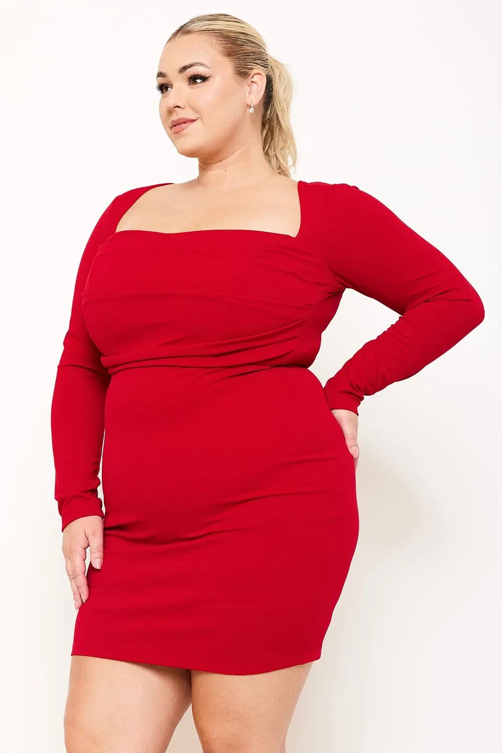 Plus Size Mini Dress - Square Neck, Wired Waist, Pleated Front Detail BOUTINIE