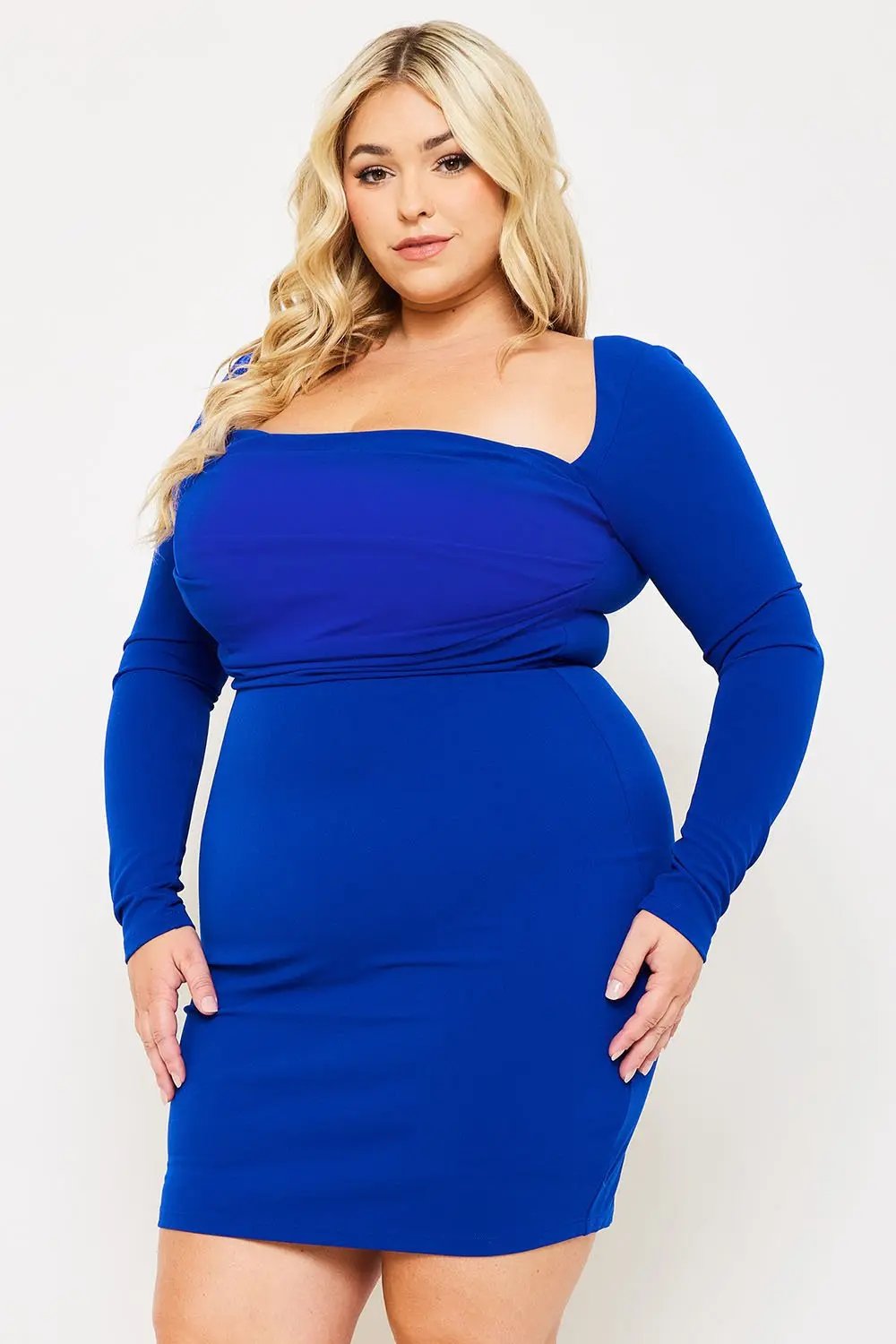 Plus Size Mini Dress - Square Neck, Wired Waist, Pleated Front Detail BOUTINIE