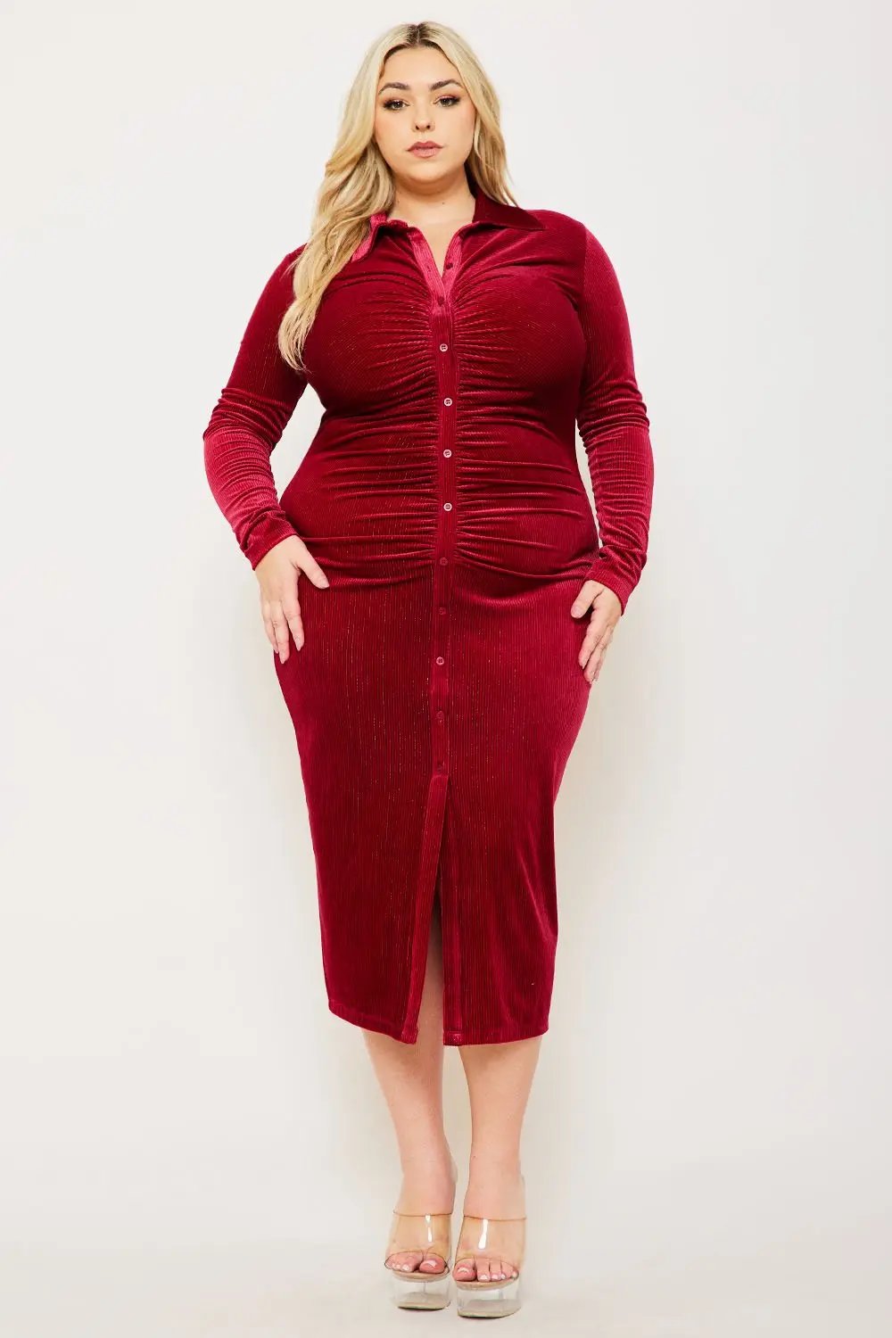 Plus Size Midi Dress - Button Up Textured Shirt Dress With Pleated Front BOUTINIE