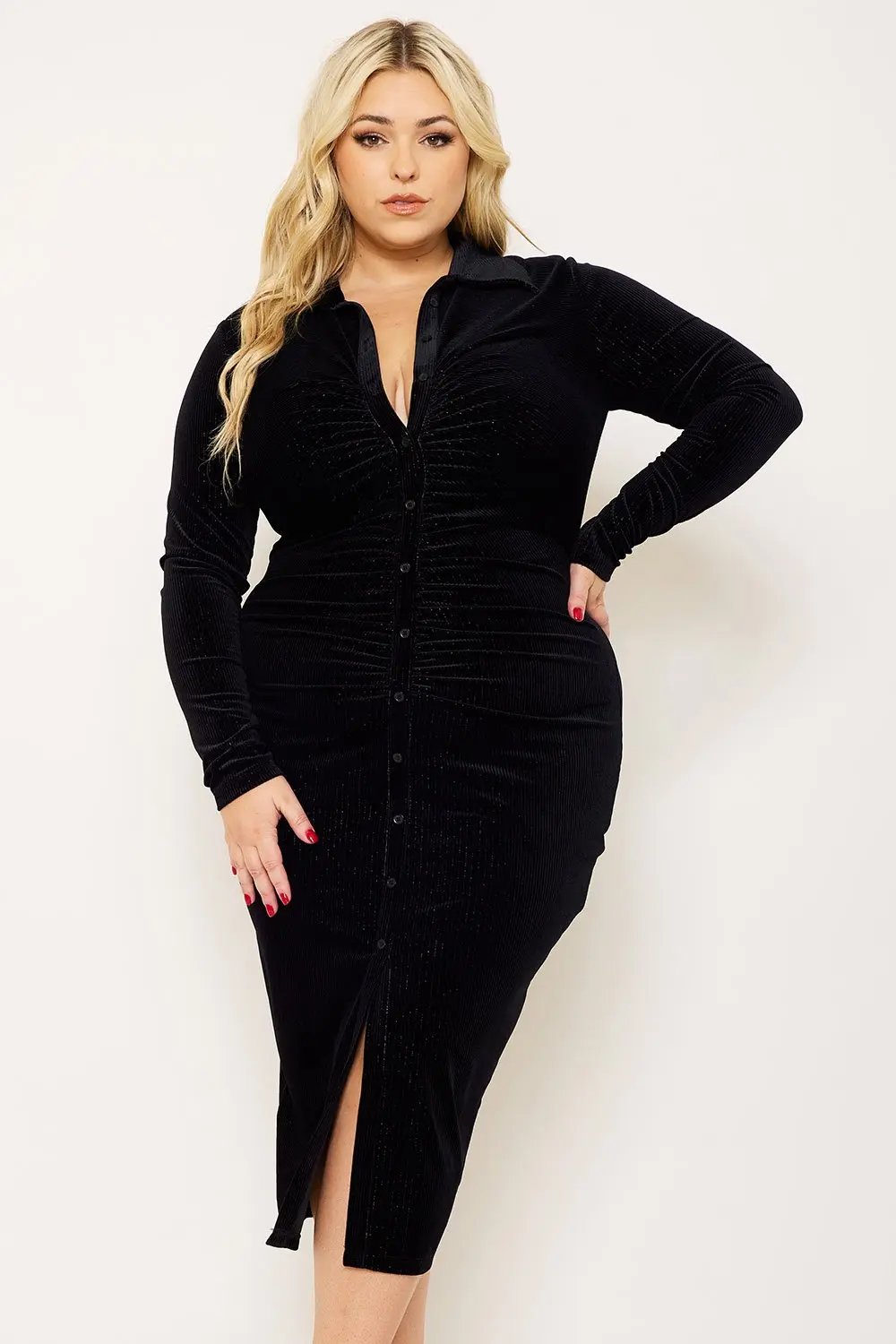 Plus Size Midi Dress - Button Up Textured Shirt Dress With Pleated Front BOUTINIE