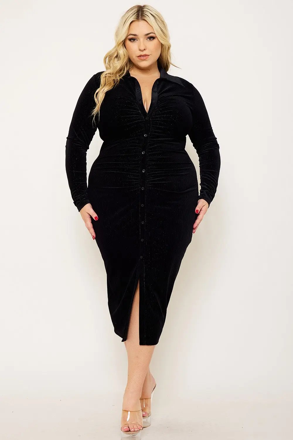 Plus Size Midi Dress - Button Up Textured Shirt Dress With Pleated Front BOUTINIE