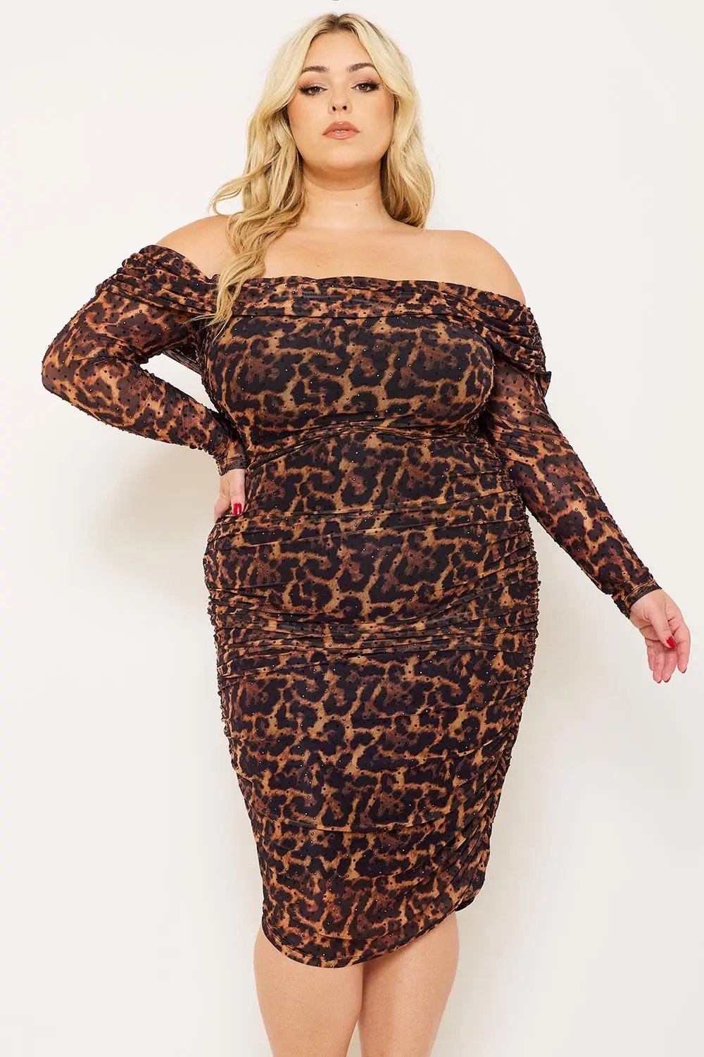 Plus Size Midi Dress – Leopard Print Off Shoulder Rhinestone Detail BOUTINIE
