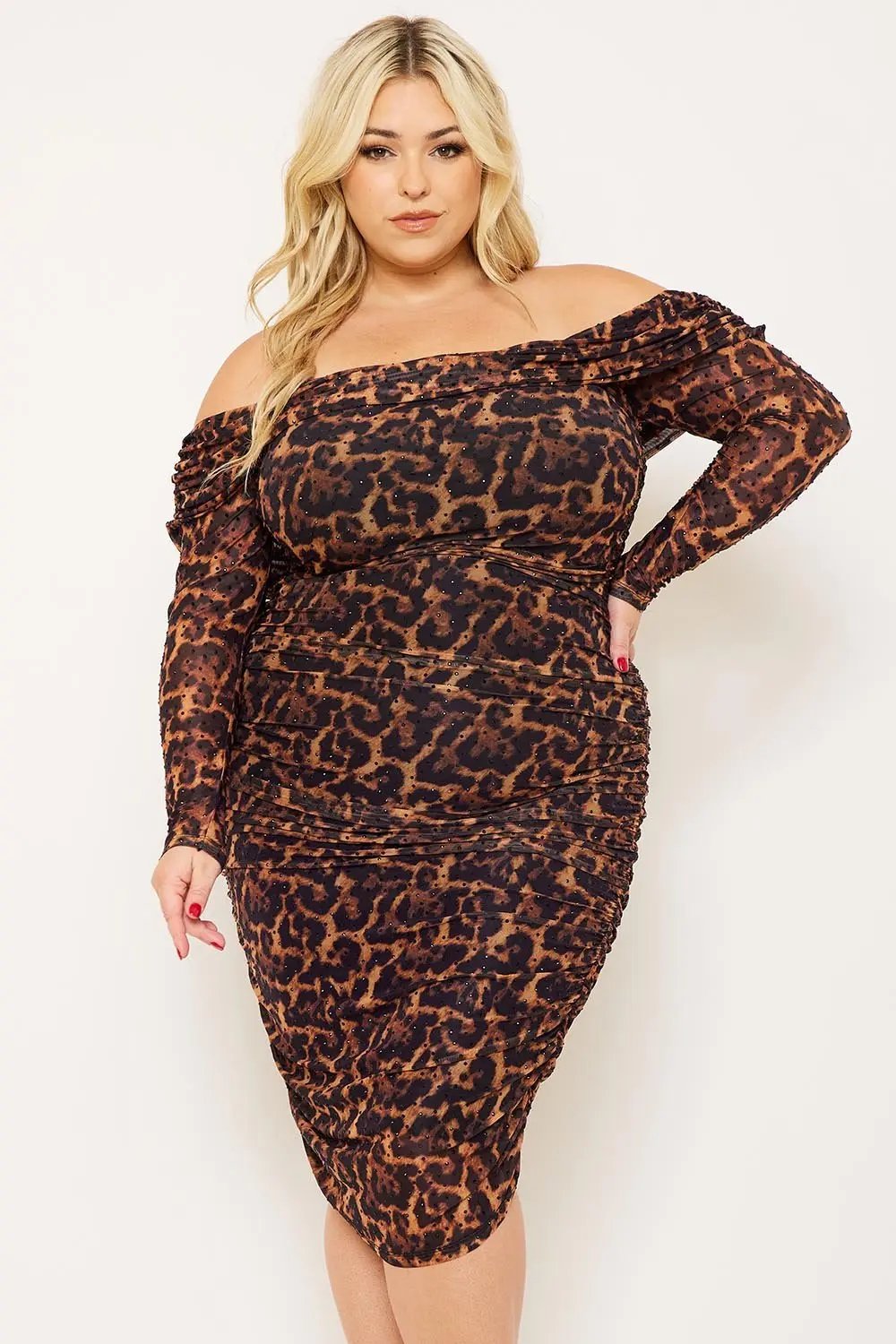 Plus Size Midi Dress – Leopard Print Off Shoulder Rhinestone Detail BOUTINIE