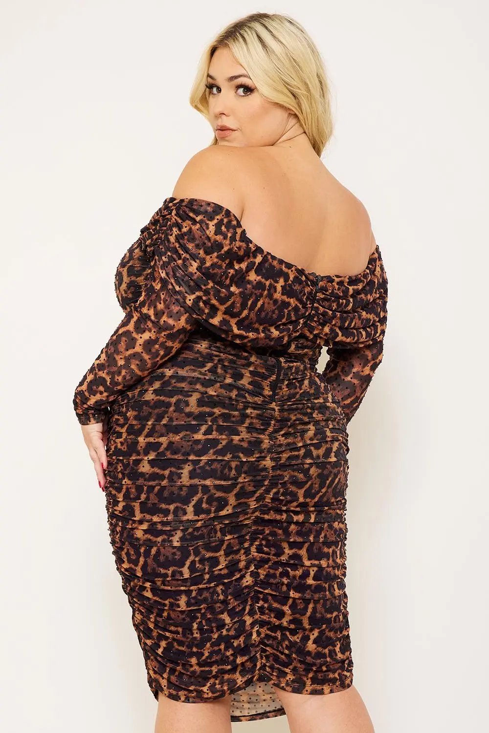 Plus Size Midi Dress – Leopard Print Off Shoulder Rhinestone Detail BOUTINIE