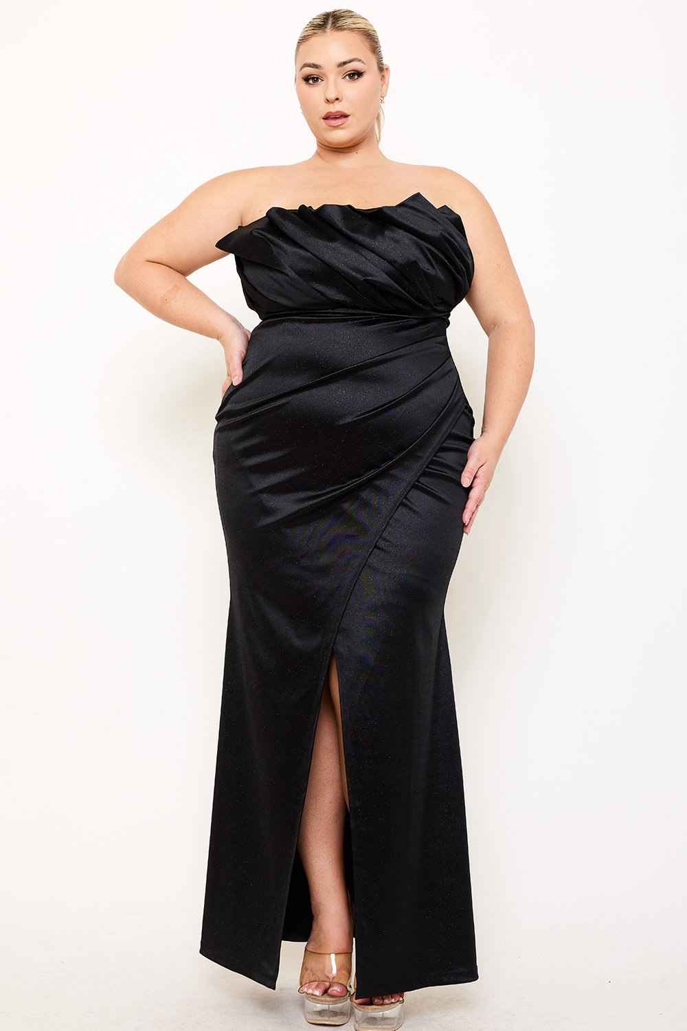 Glittered Satin Pleated Plus Size Maxi Dress