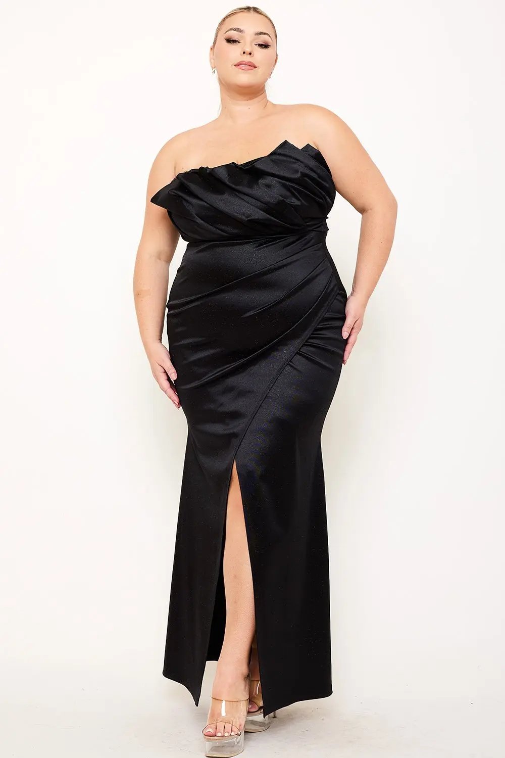 Plus Size Maxi Dress - Glittered Satin Pleated Wrap Front BOUTINIE