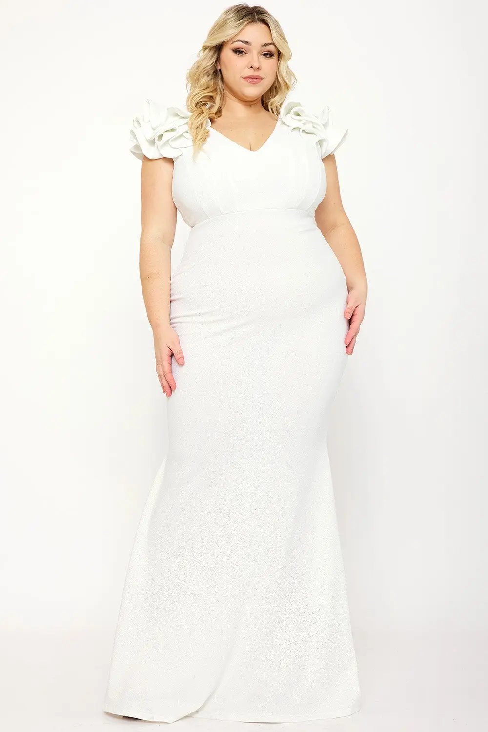 Plus Size Maxi Dress - Glittered Ruffle Sleeve Mermaid Hem Gown BOUTINIE