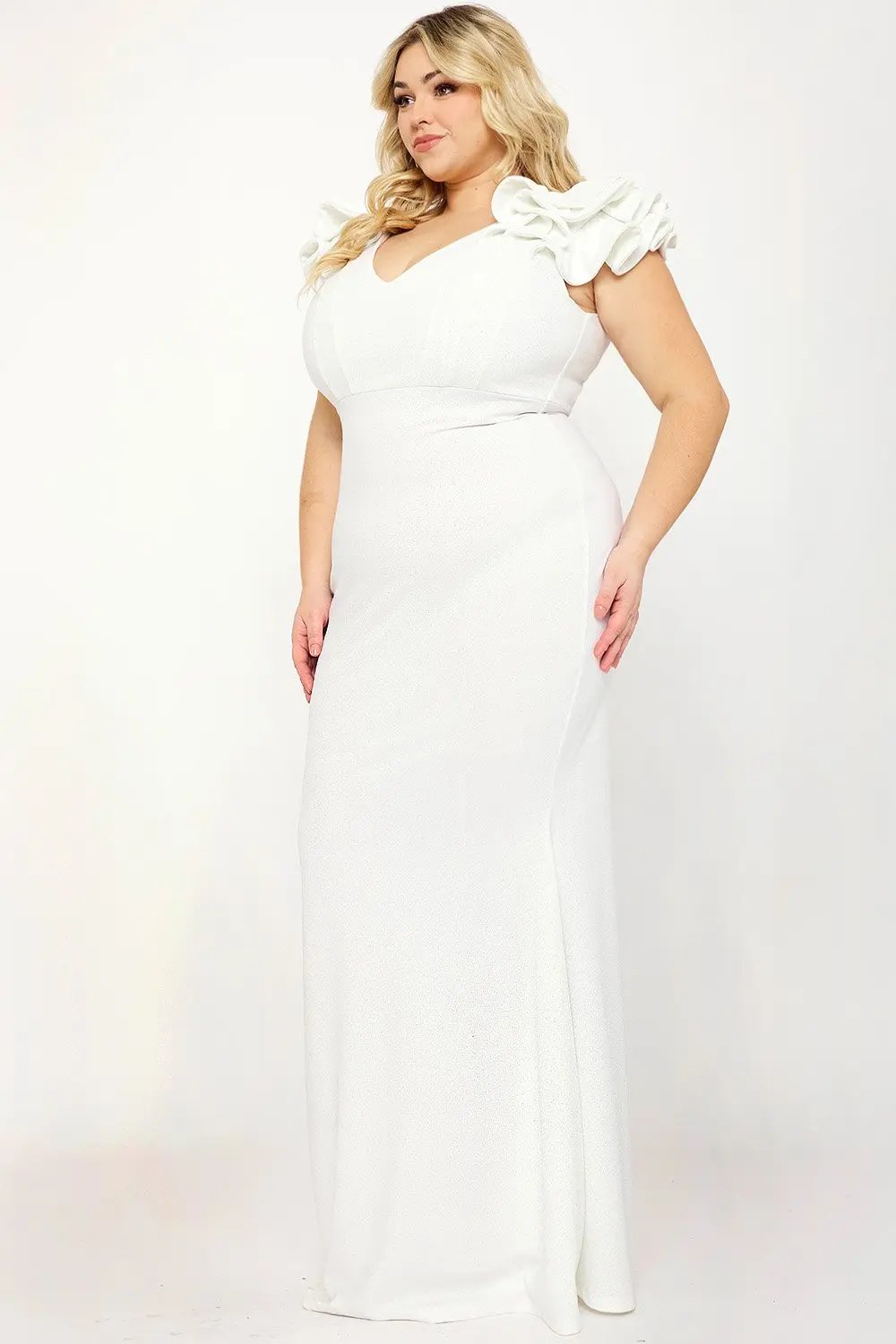 Plus Size Maxi Dress - Glittered Ruffle Sleeve Mermaid Hem Gown BOUTINIE