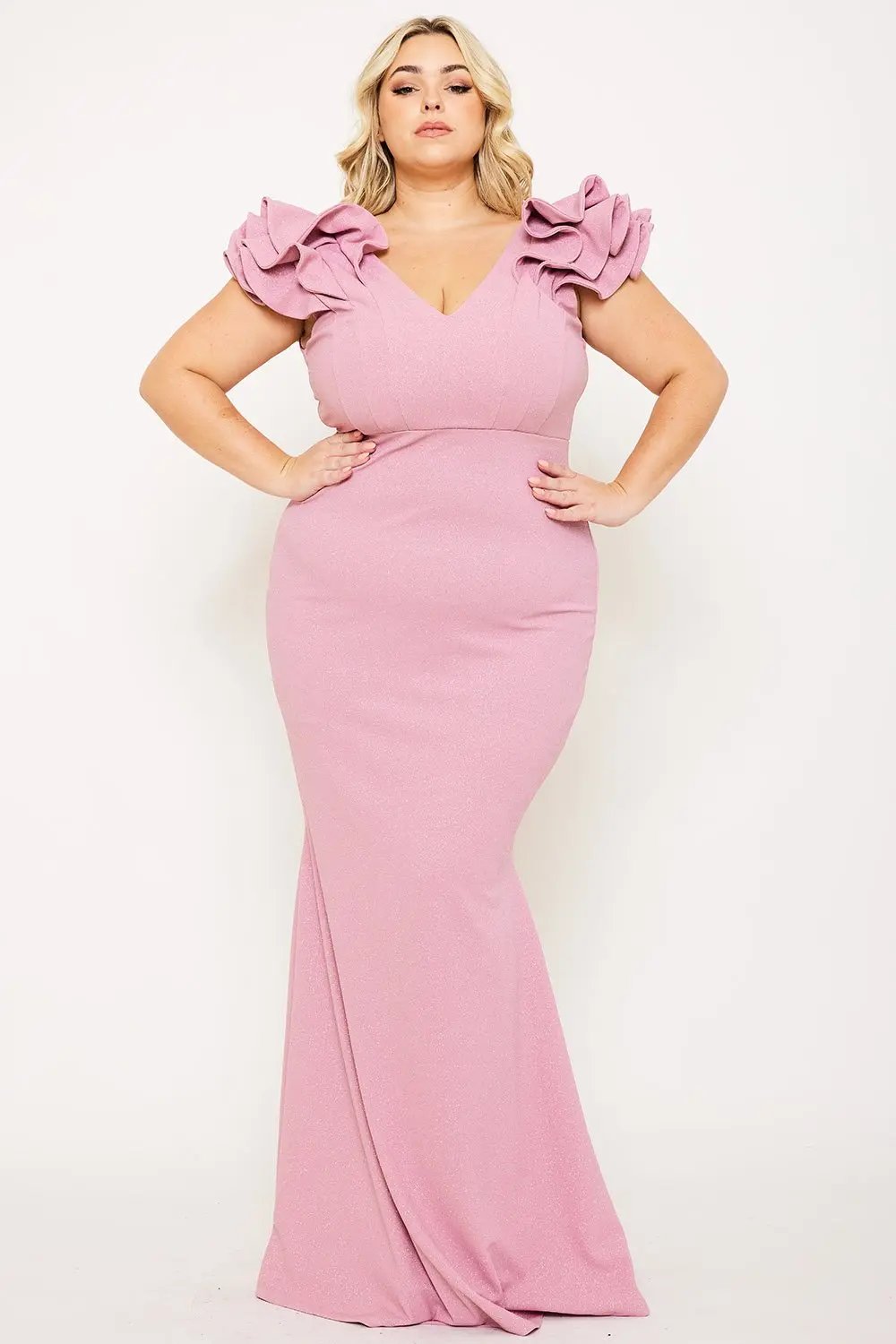 Plus Size Maxi Dress - Glittered Ruffle Sleeve Mermaid Hem Gown BOUTINIE