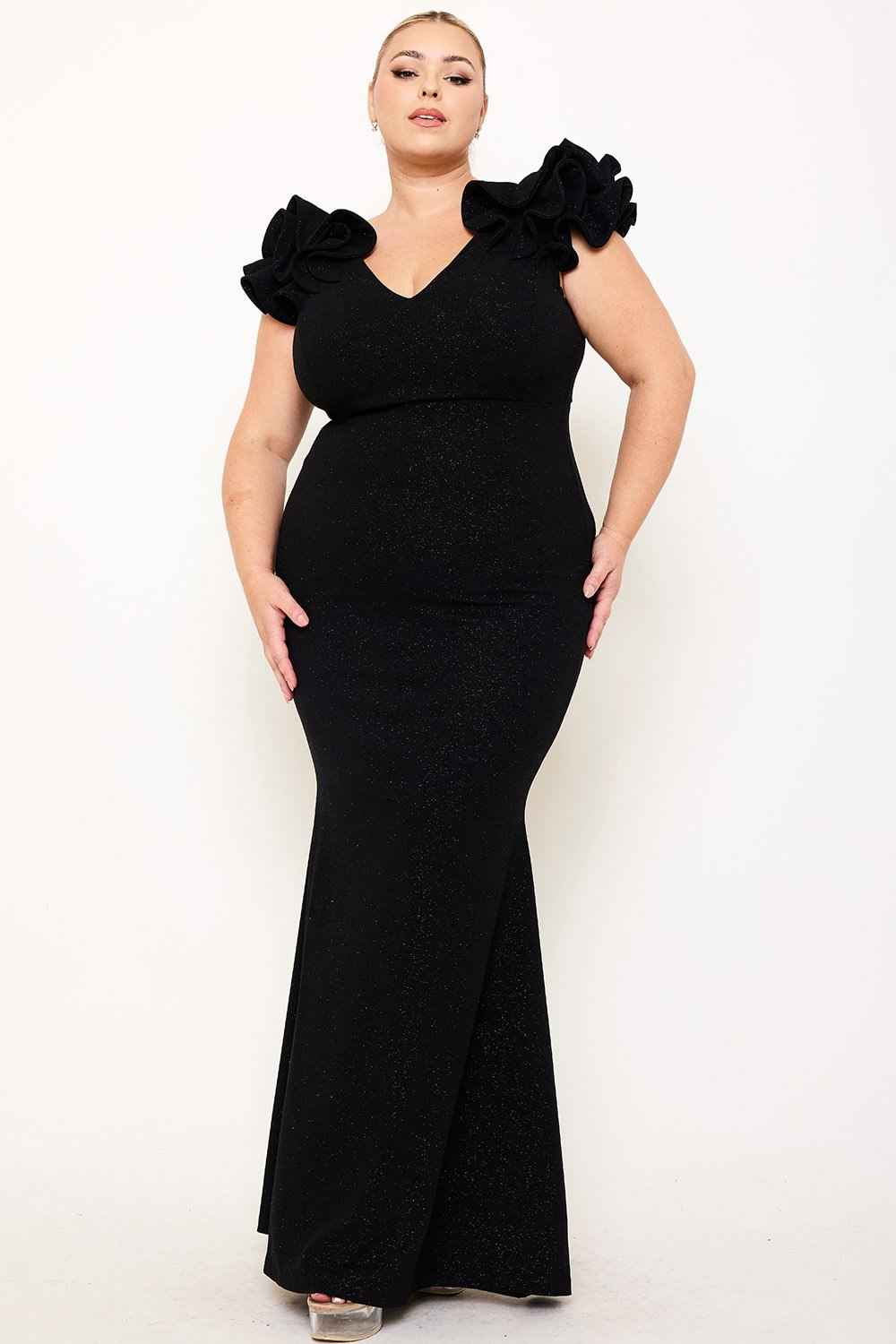 Glittered Ruffle Sleeve Plus Size Maxi Dress