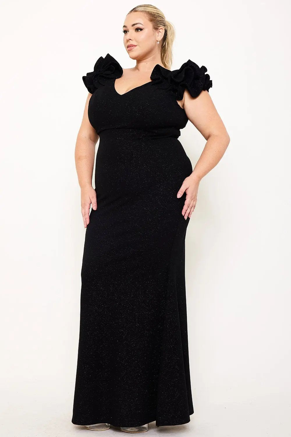 Plus Size Maxi Dress - Glittered Ruffle Sleeve Mermaid Hem Gown BOUTINIE
