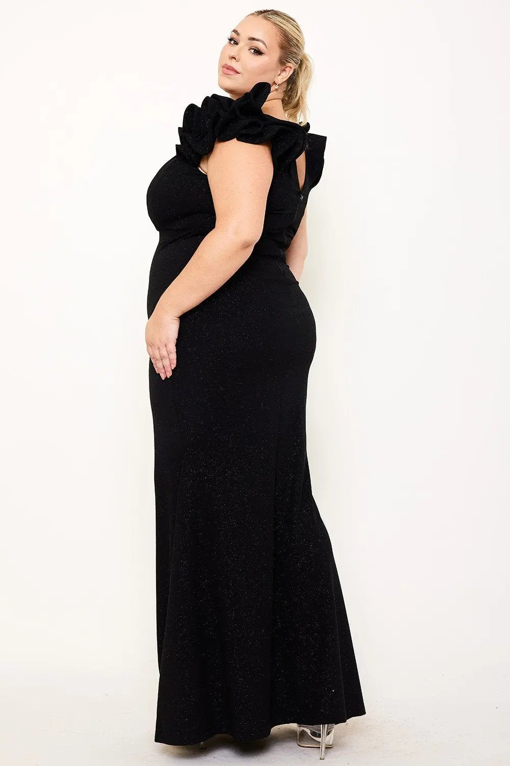 Plus Size Maxi Dress - Glittered Ruffle Sleeve Mermaid Hem Gown BOUTINIE