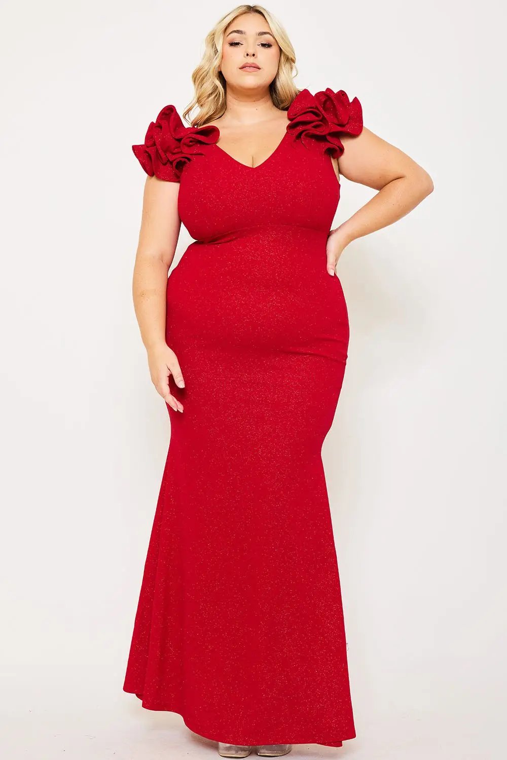 Plus Size Maxi Dress - Glittered Ruffle Sleeve Mermaid Hem Gown BOUTINIE