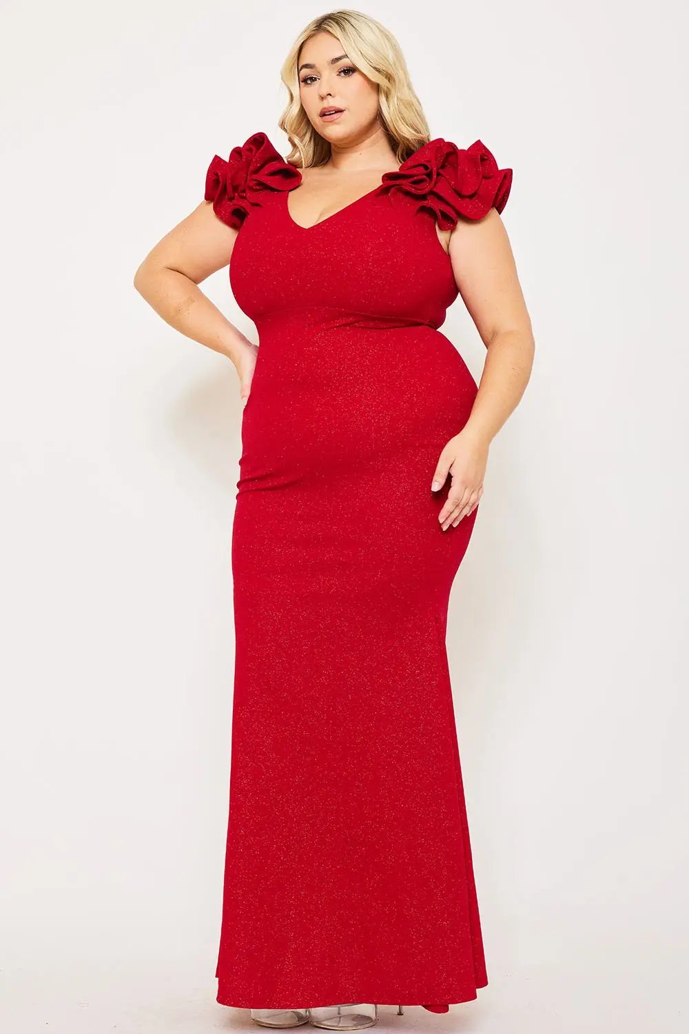 Plus Size Maxi Dress - Glittered Ruffle Sleeve Mermaid Hem Gown BOUTINIE
