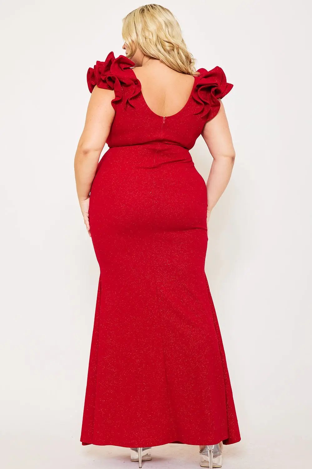 Plus Size Maxi Dress - Glittered Ruffle Sleeve Mermaid Hem Gown BOUTINIE