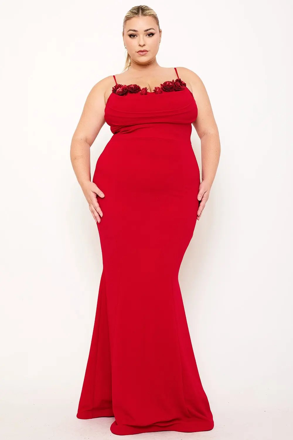 Plus Size Maxi Dress - Flower Embellished Pleated Gown With Adjustable Straps BOUTINIE