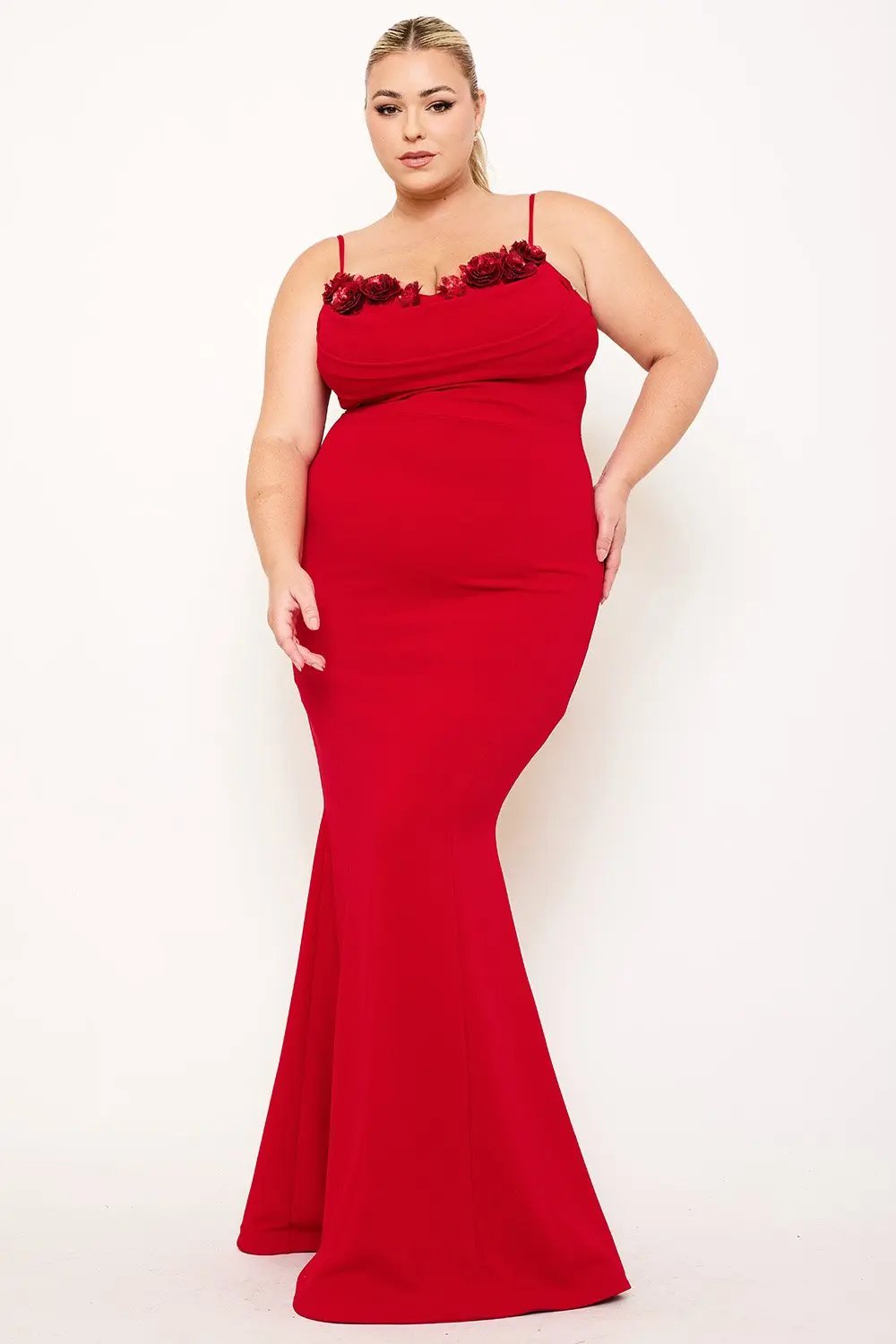 Plus Size Maxi Dress - Flower Embellished Pleated Gown With Adjustable Straps BOUTINIE