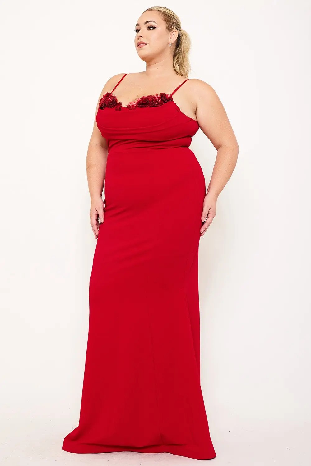 Plus Size Maxi Dress - Flower Embellished Pleated Gown With Adjustable Straps BOUTINIE