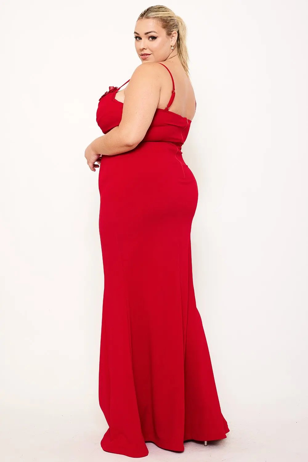 Plus Size Maxi Dress - Flower Embellished Pleated Gown With Adjustable Straps BOUTINIE