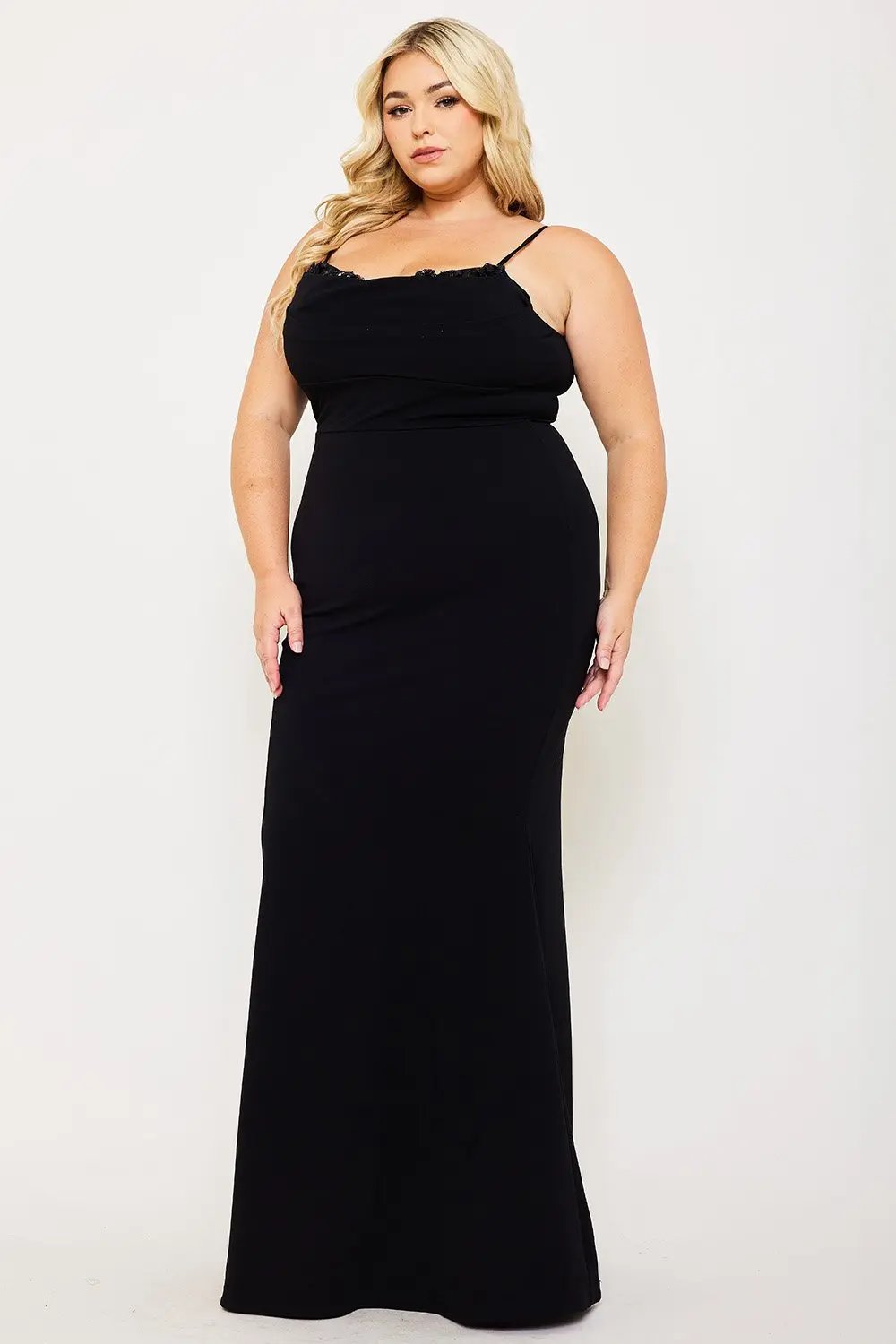 Plus Size Maxi Dress - Flower Embellished Pleated Gown With Adjustable Straps BOUTINIE