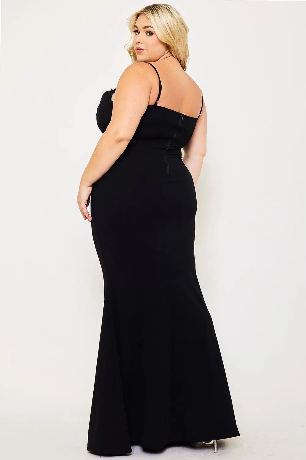 Plus Size Maxi Dress - Flower Embellished Pleated Gown With Adjustable Straps BOUTINIE