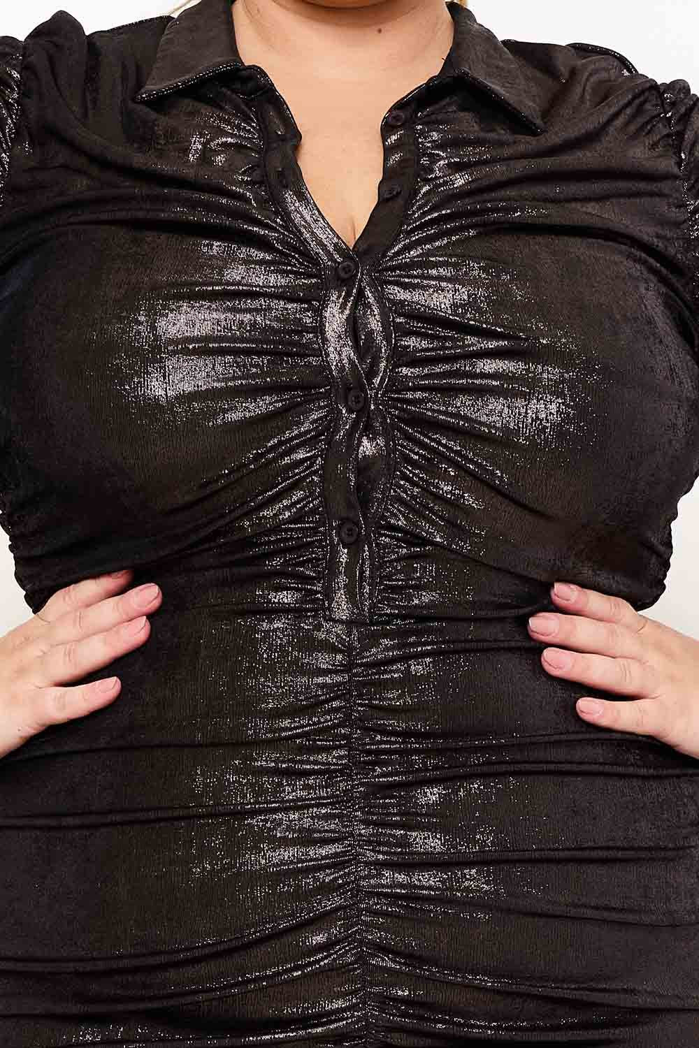 Plus Size Mini Dress – Pleated Foil Shirt With Zipper Back Detail BOUTINIE