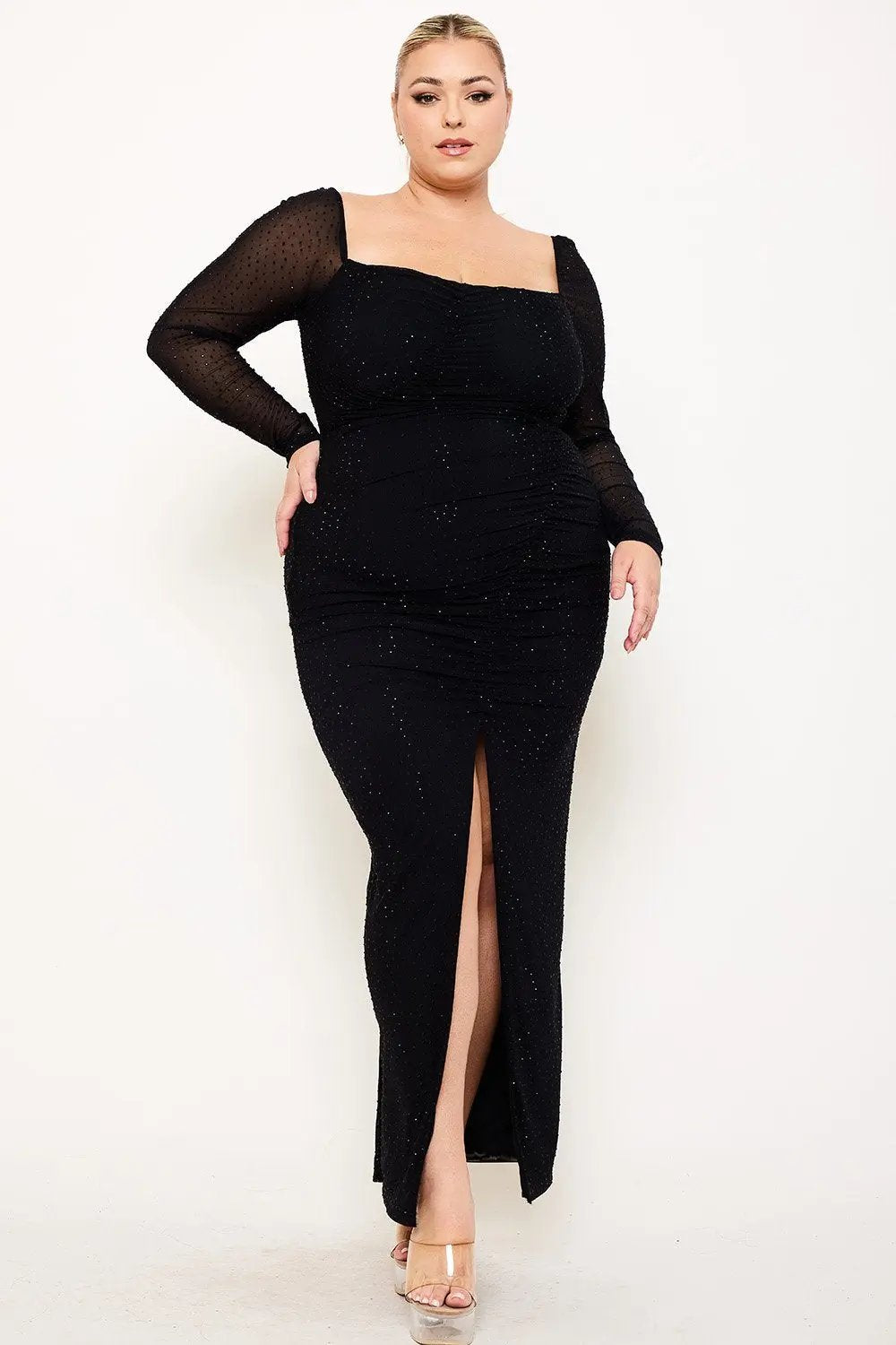 Plus Size Maxi Dress – Ruched Mesh Rhinestone Gown With Sheer Sleeves BOUTINIE