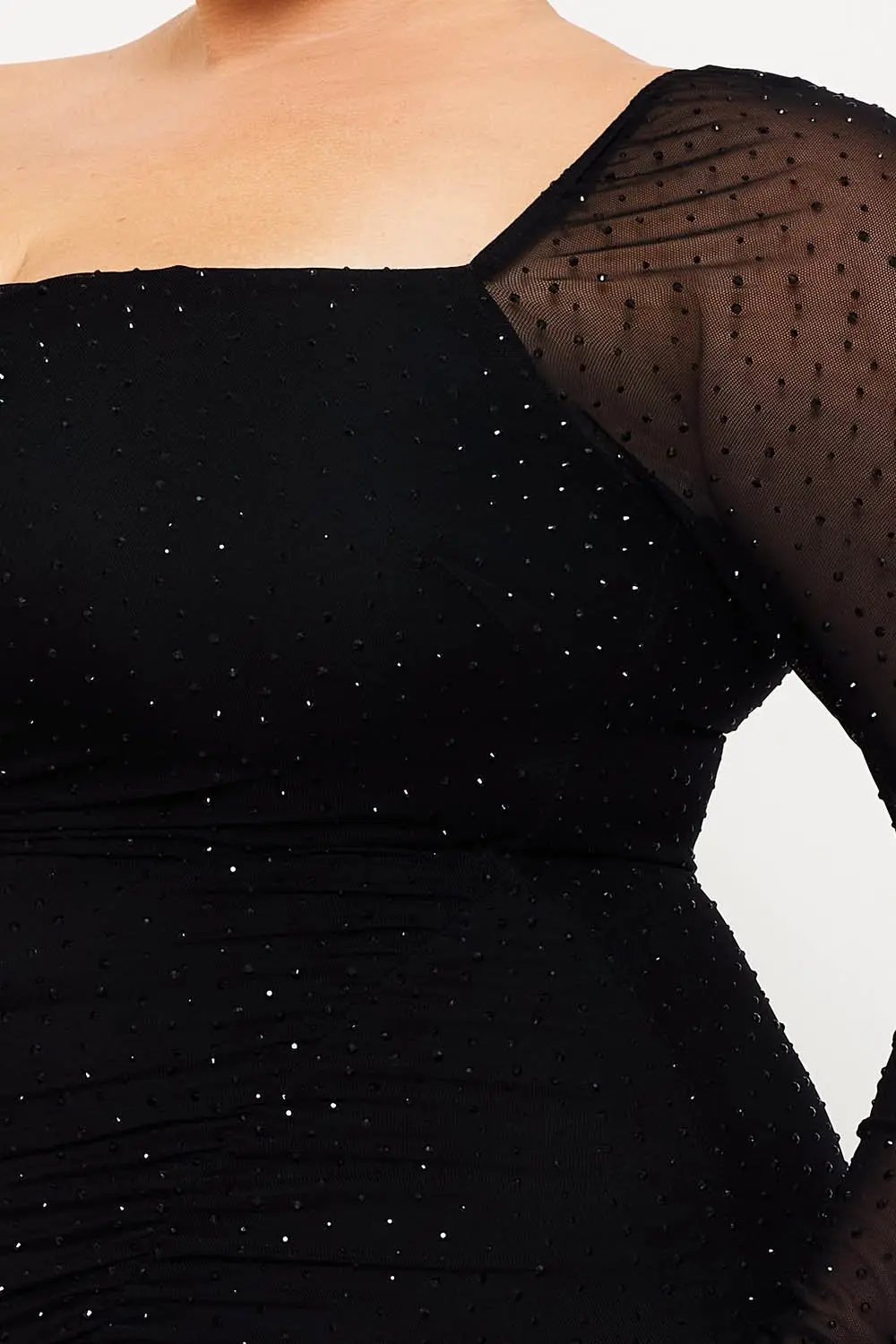 Plus Size Maxi Dress – Ruched Mesh Rhinestone Gown With Sheer Sleeves BOUTINIE