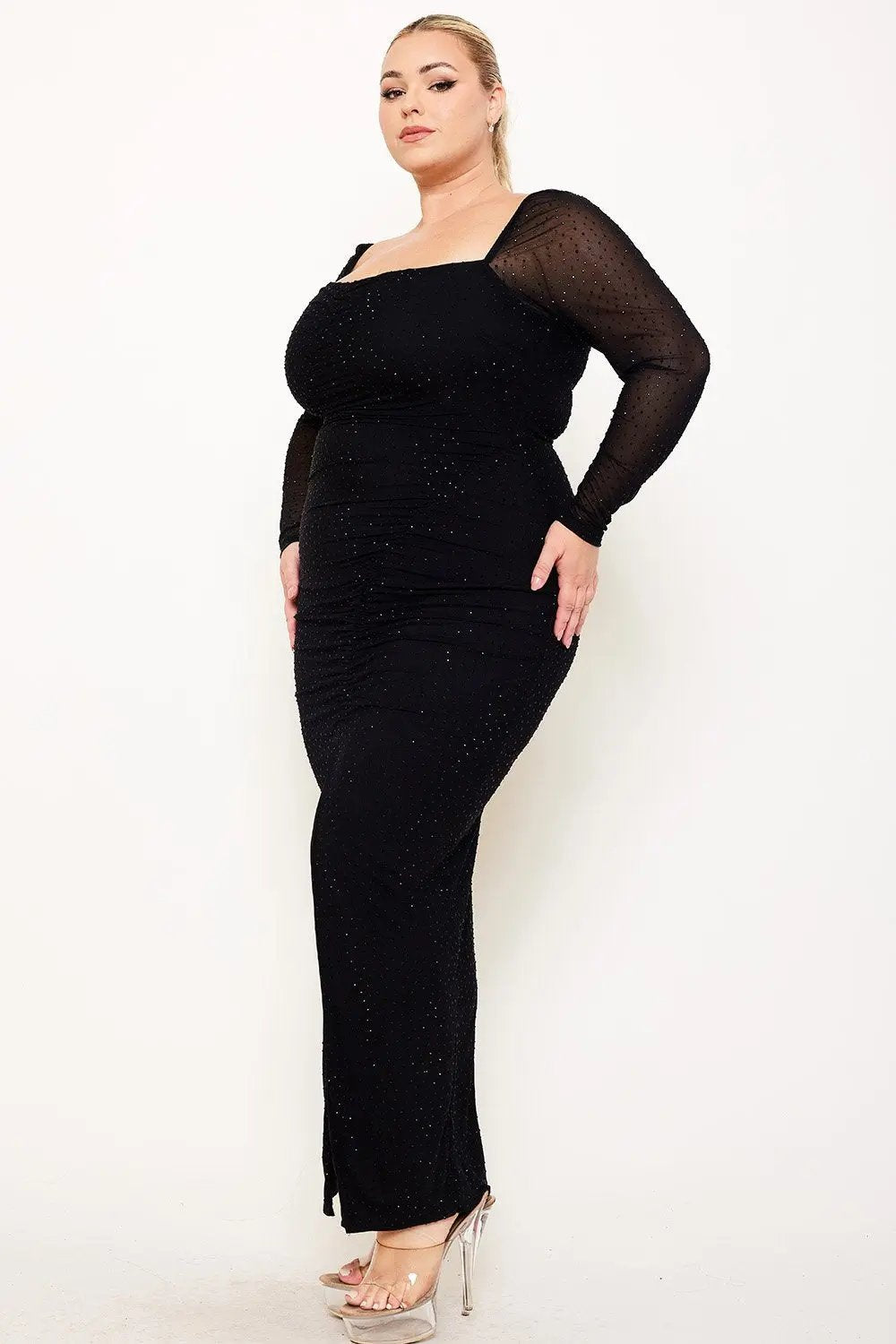 Plus Size Maxi Dress – Ruched Mesh Rhinestone Gown With Sheer Sleeves BOUTINIE