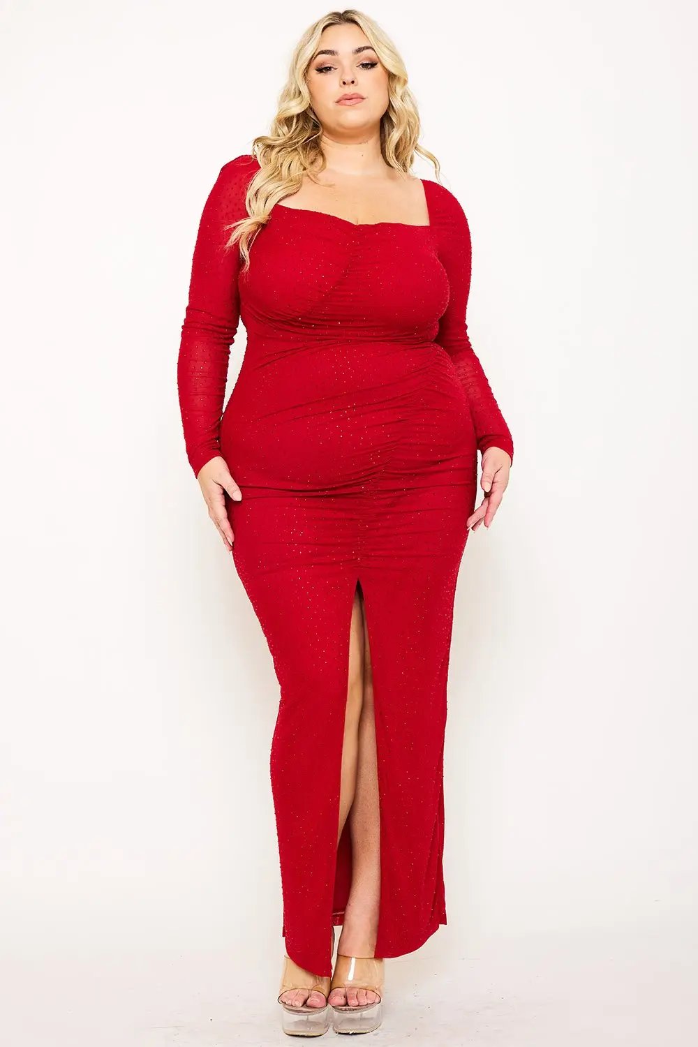 Plus Size Maxi Dress – Ruched Mesh Rhinestone Gown With Sheer Sleeves BOUTINIE